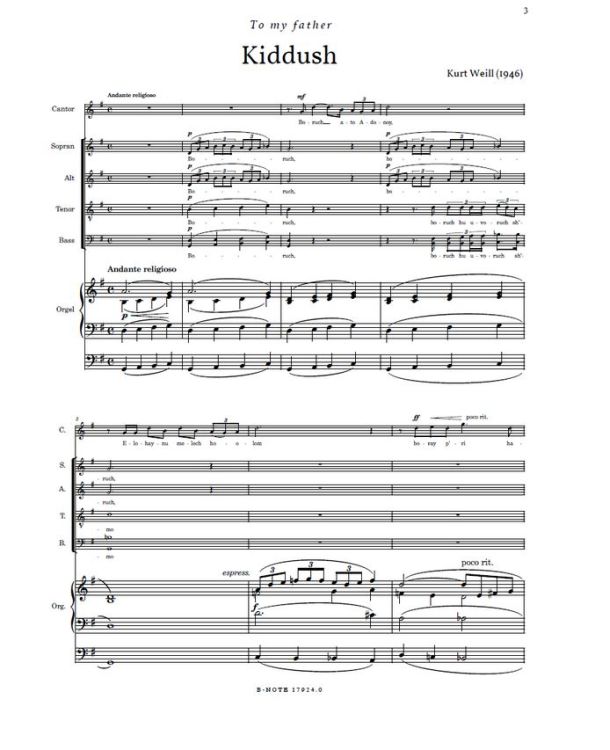 Kurt Weill Kiddush für Kantor, Chor und Orgel (1946) [Ch